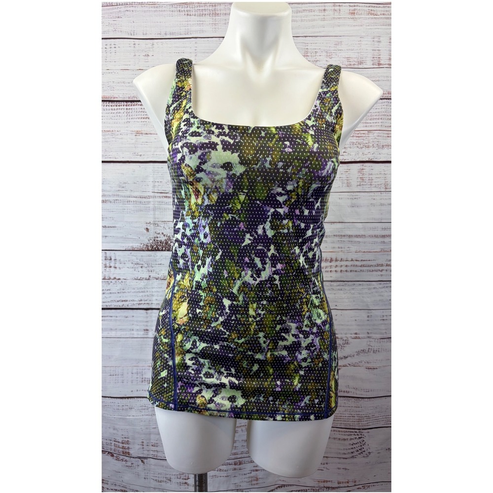 Lululemon Amala Tank Floral Sport White Multi Perforated Mesh Yoga Top size 8